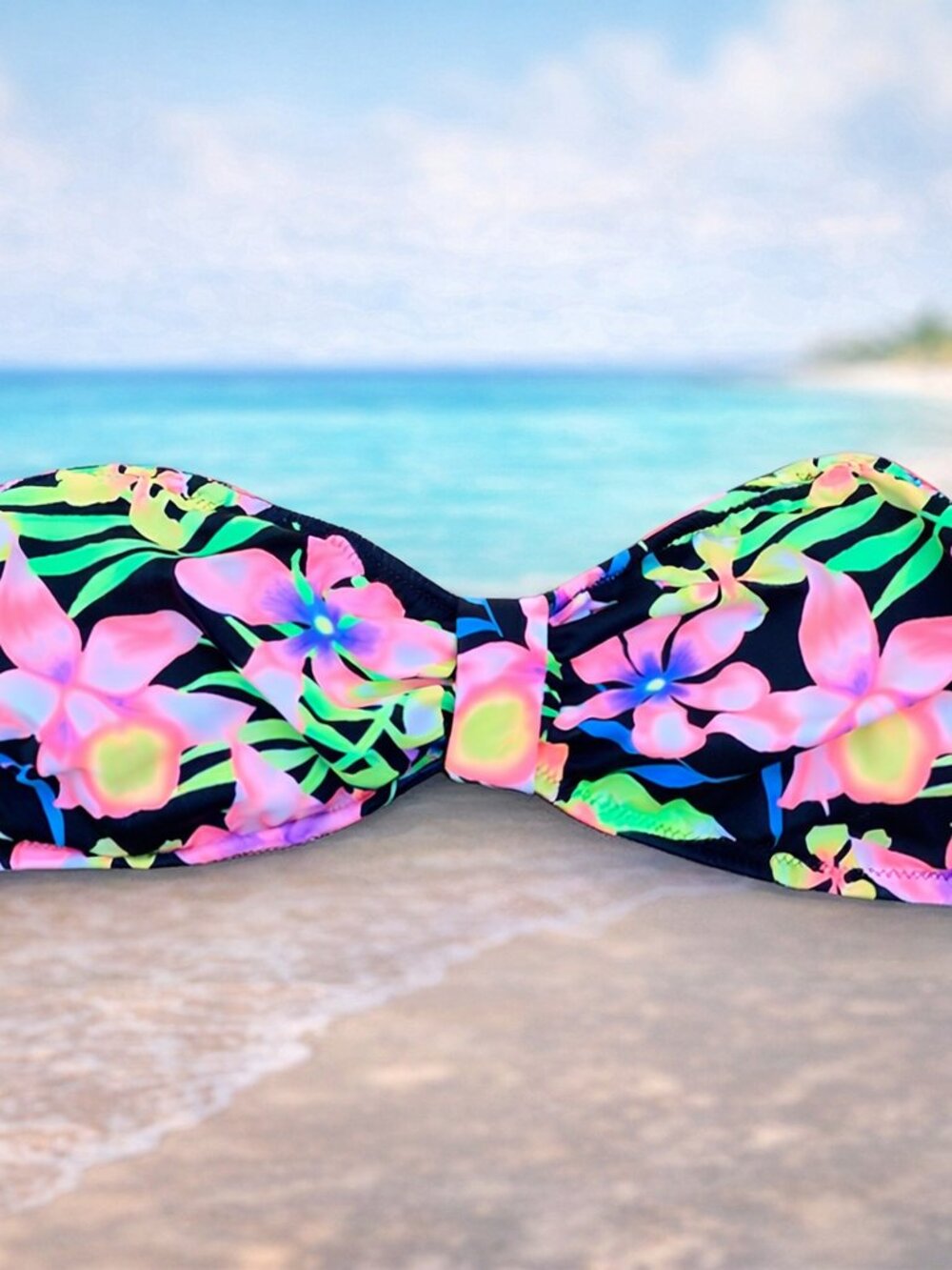 PINK Tropical Floral Bandeau Bikini Top Strapless Boho Swim Hibiscus Beachwear